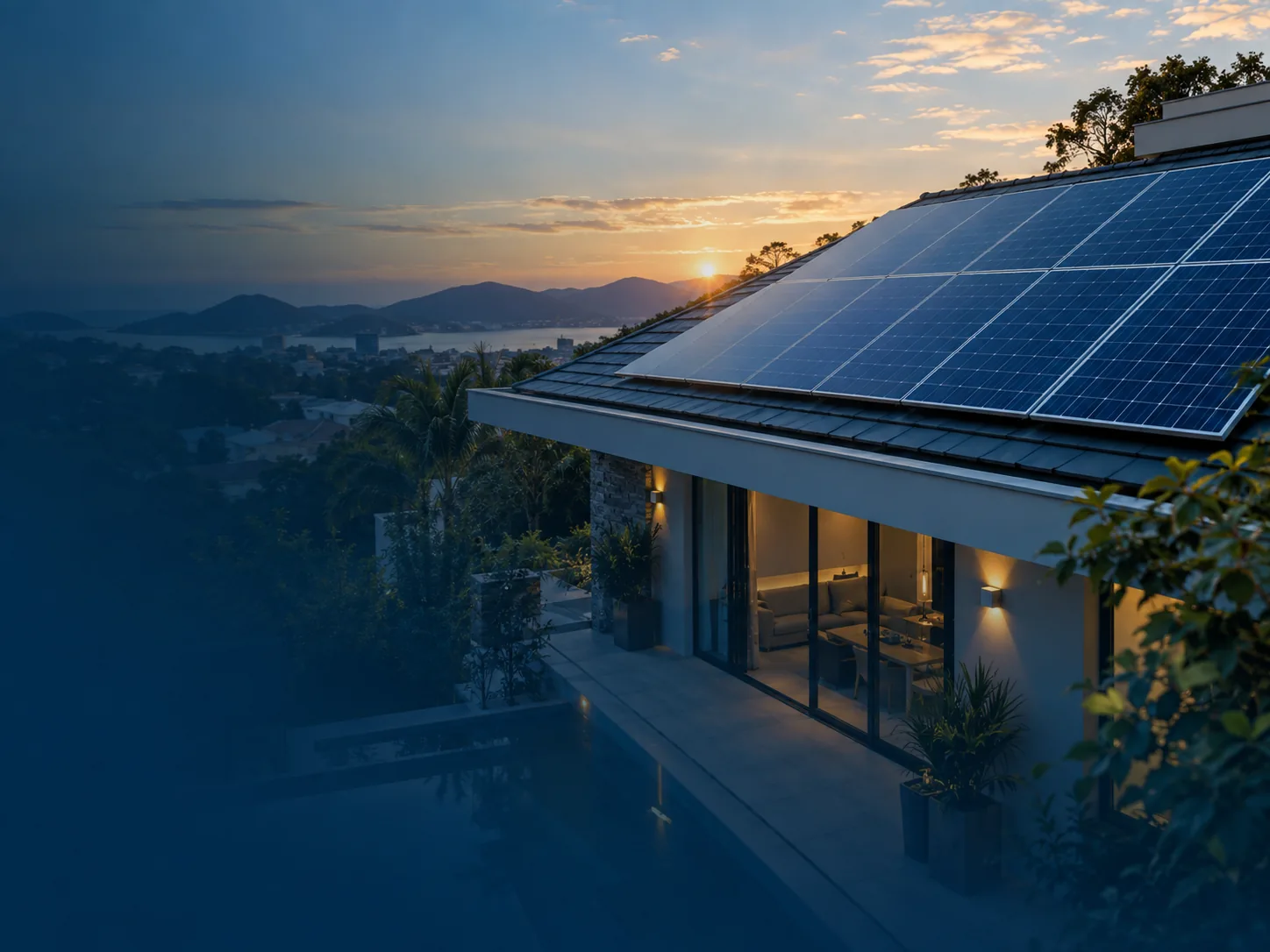 Painéis solares instalados no telhado de uma residência