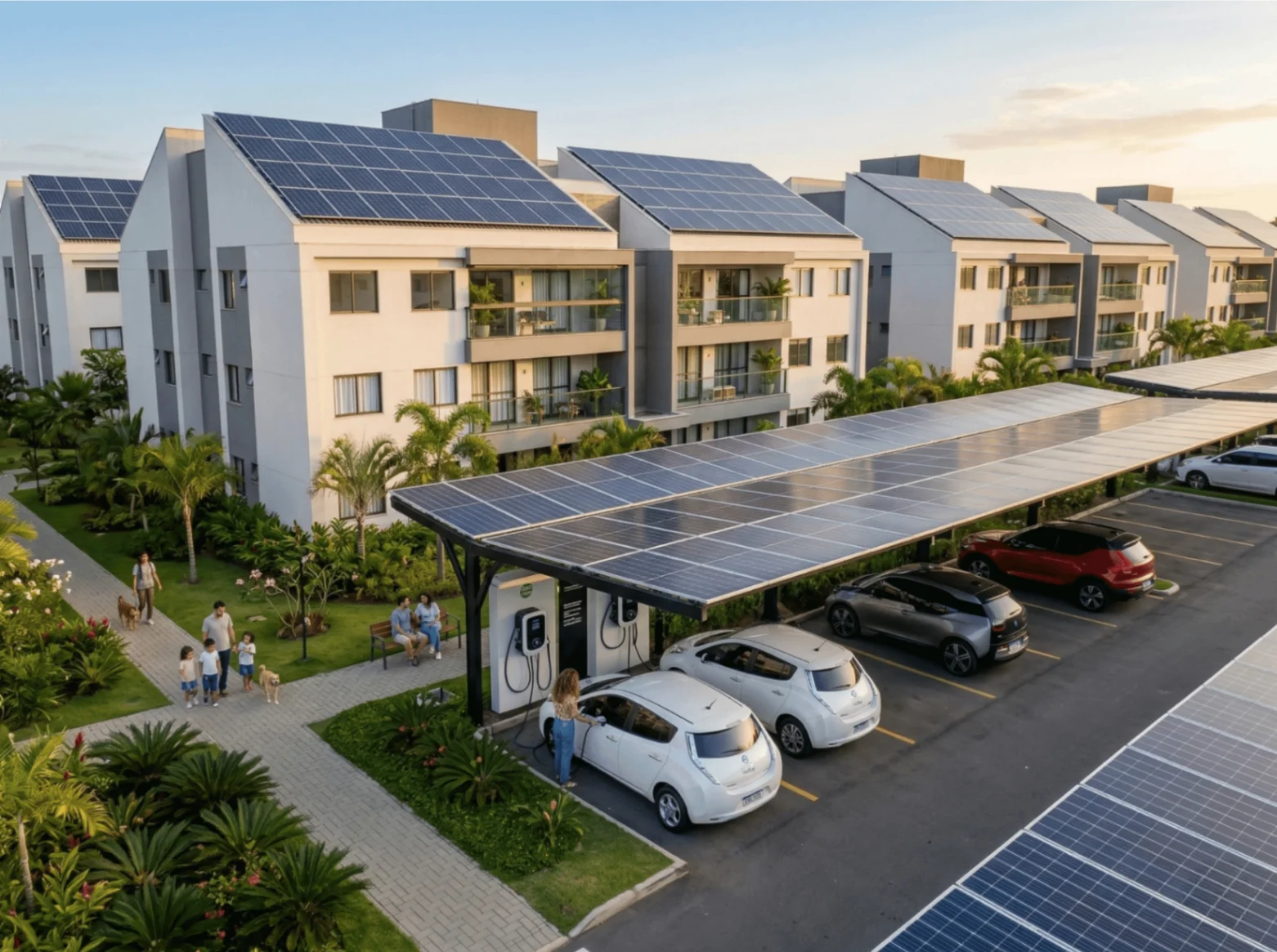 Condomínio com painéis solares e carregadores de veículos elétricos