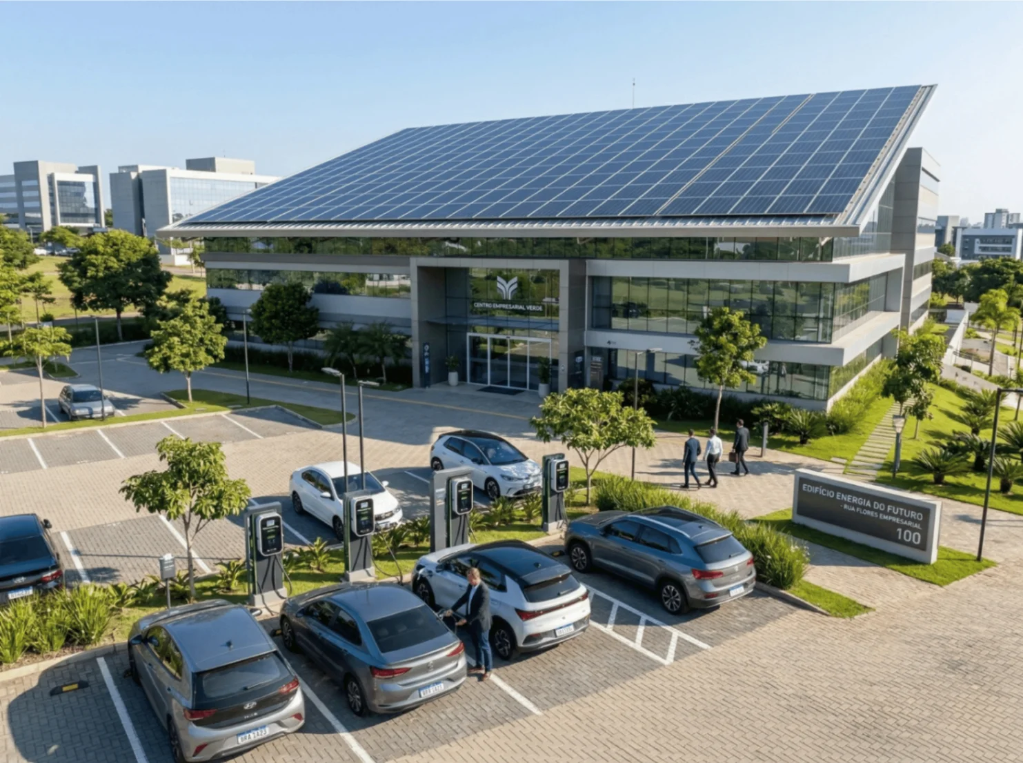 Empresa com painéis solares e carregadores de veículos elétricos