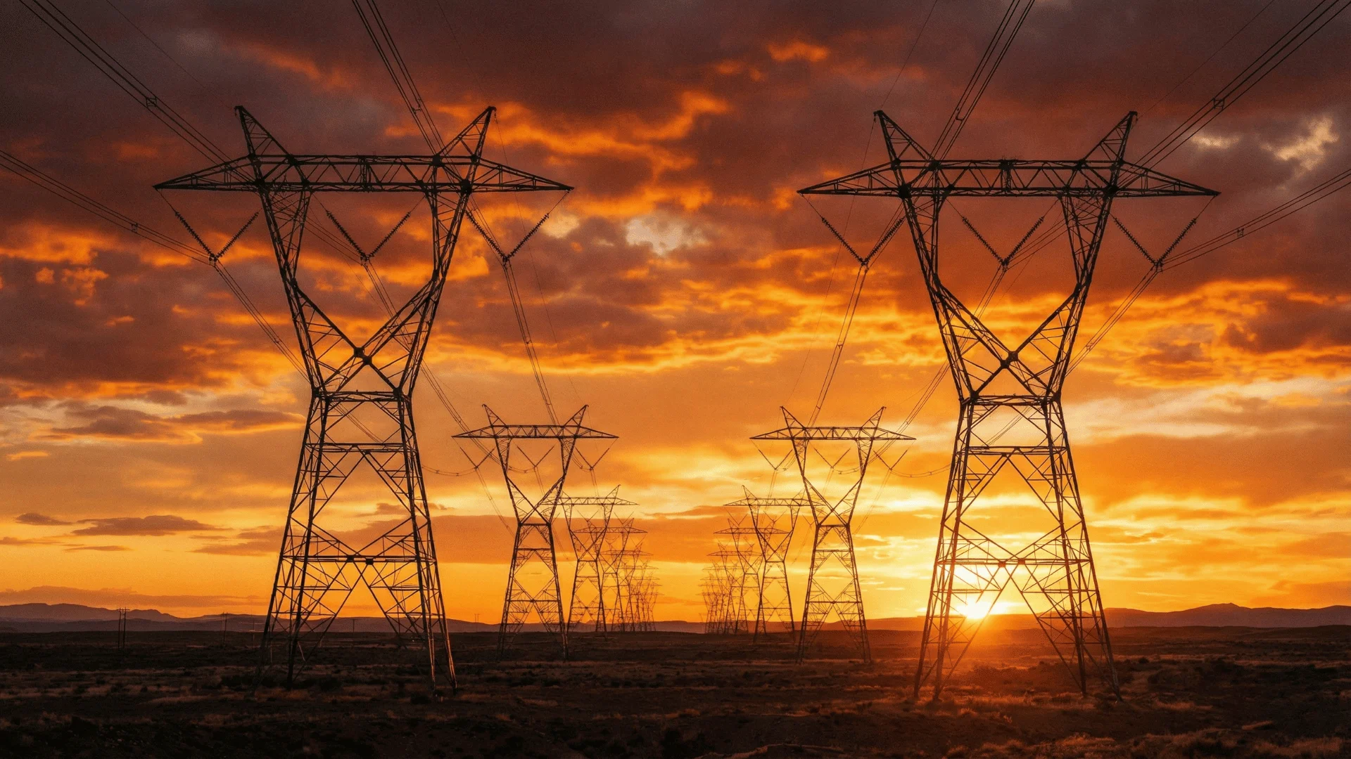 Torres de transmissão de energia ao pôr do sol representando o Mercado Livre de Energia