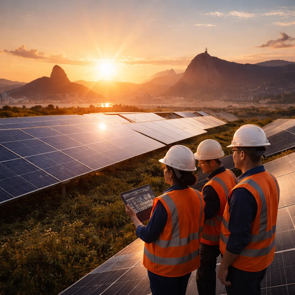 Trabalhadores em usina solar ao pôr do sol