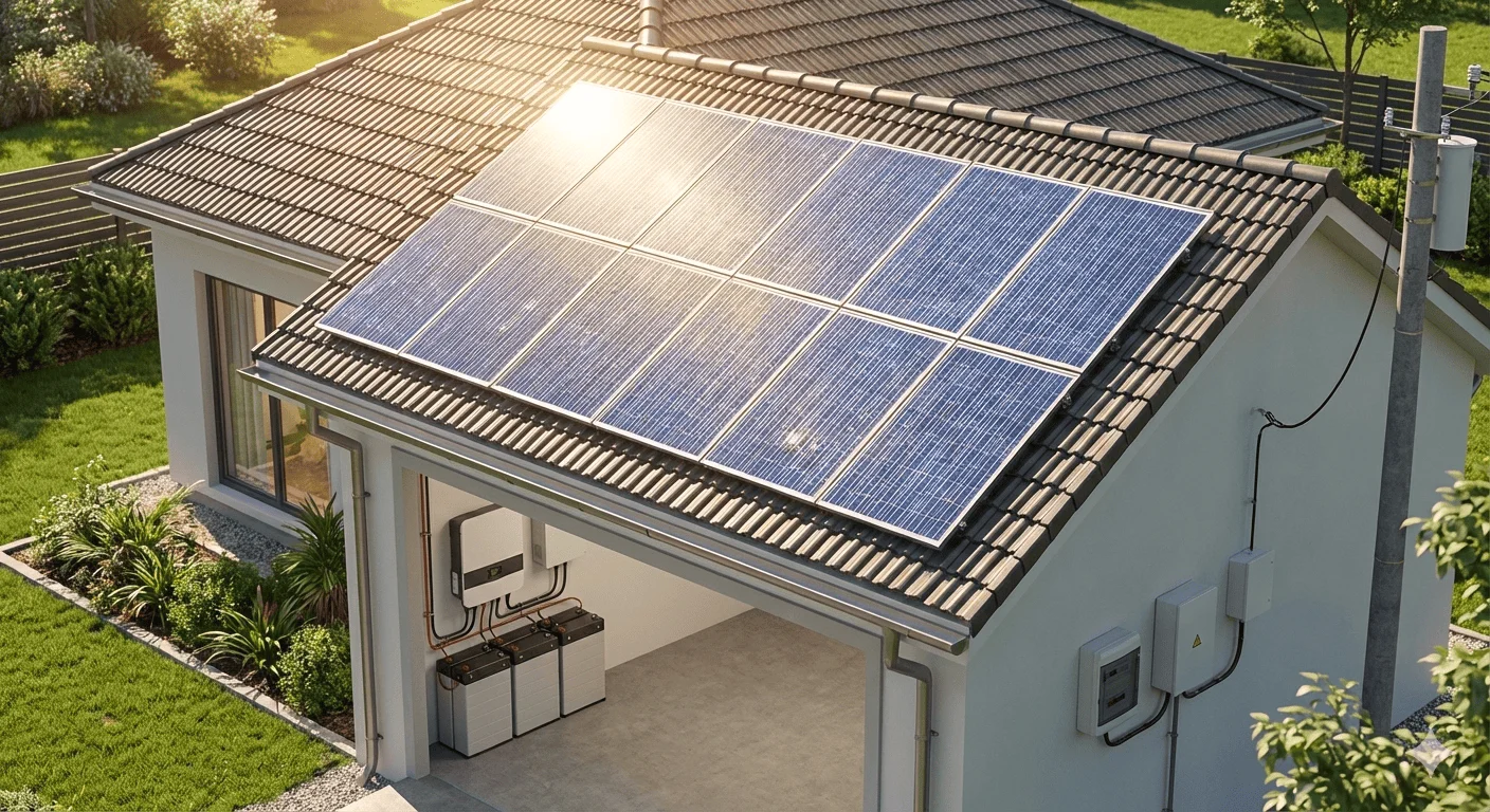 Casa com painéis solares e baterias para sistema híbrido