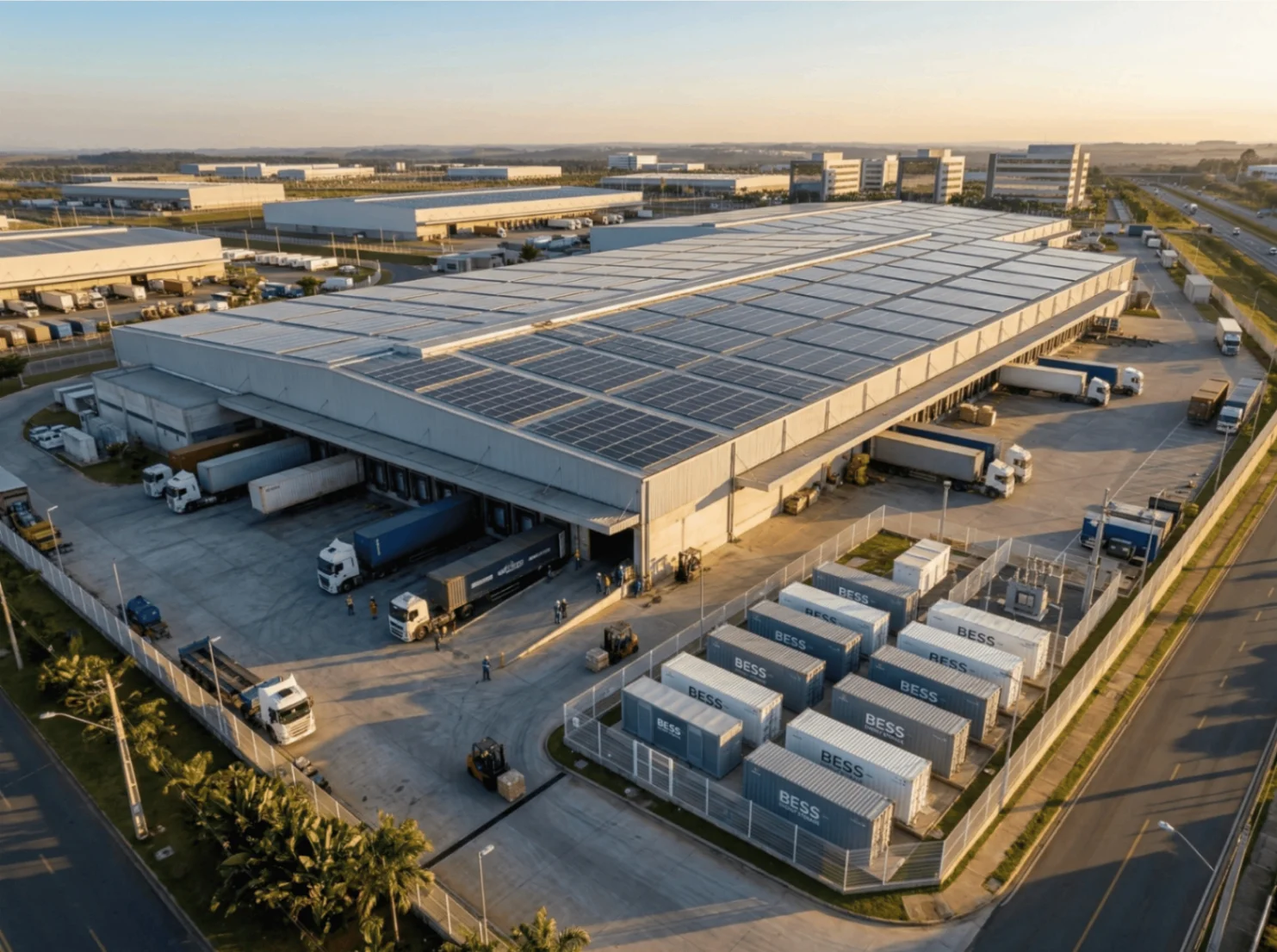 Indústria com painéis solares e baterias BESS de grande porte