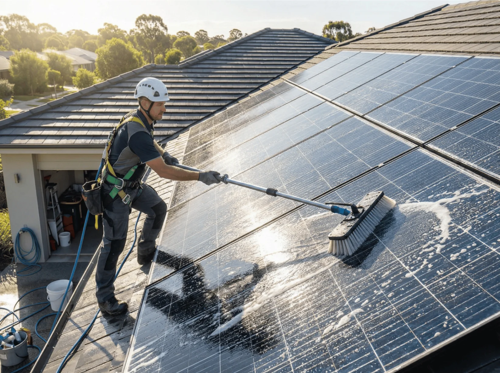Técnico realizando limpeza e manutenção de painéis solares