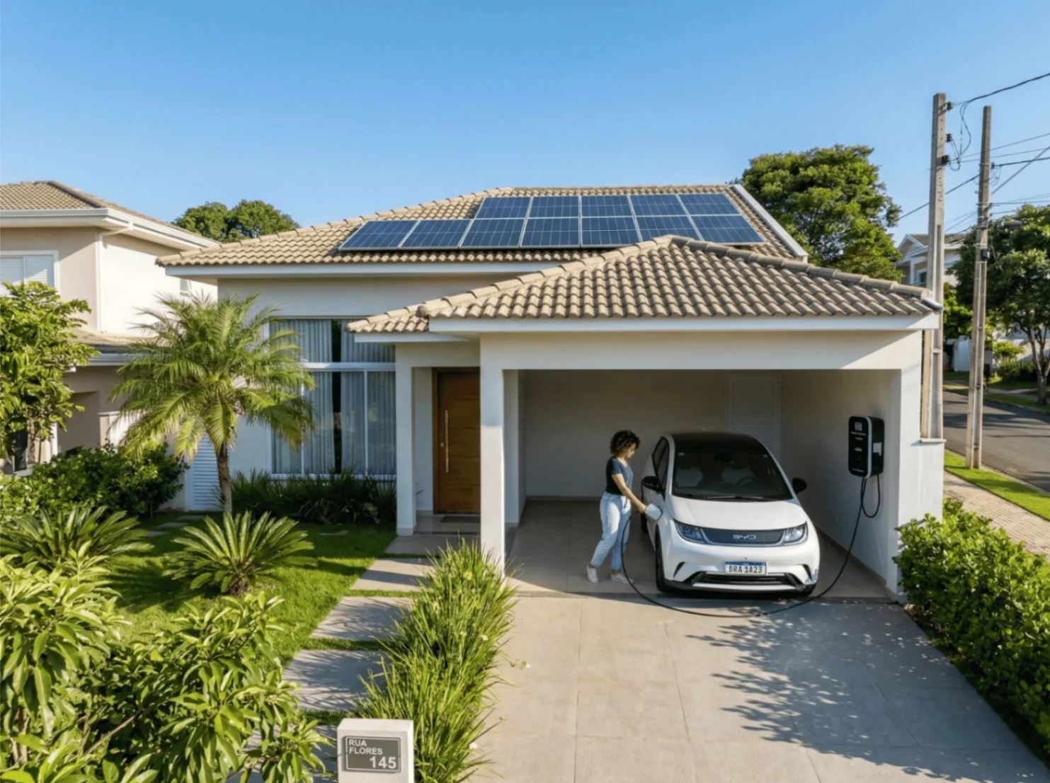 Casa com painéis solares e carregador de veículo elétrico
